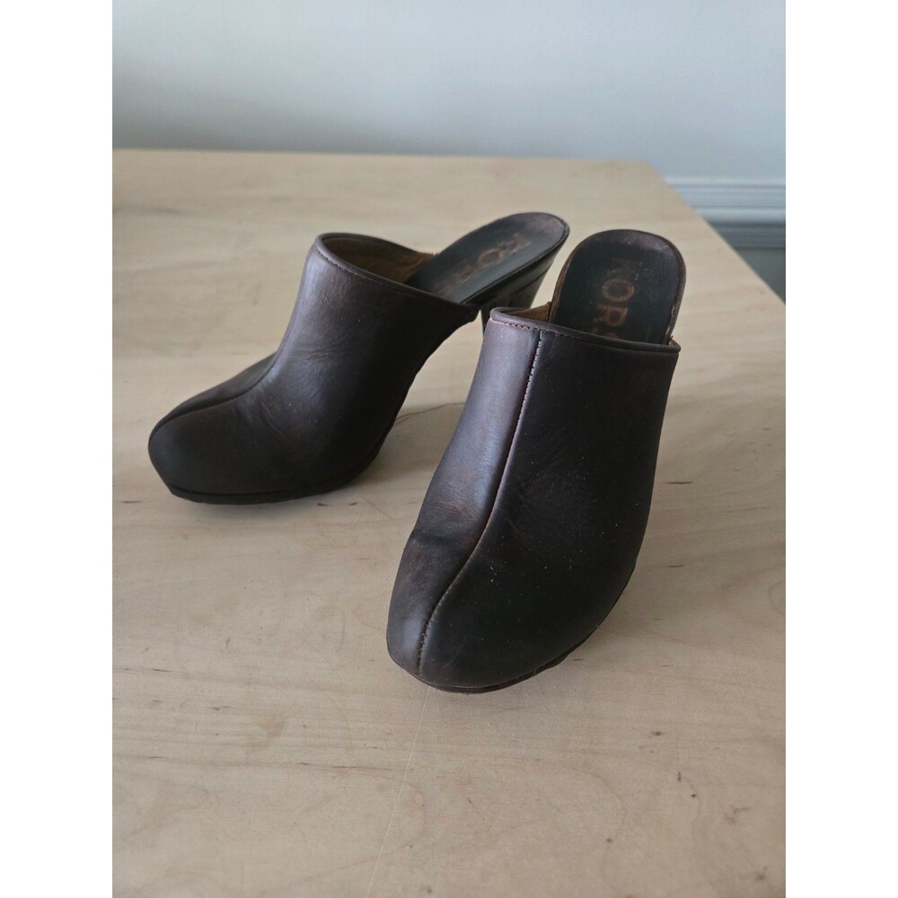 KORS Michael Kors Brown Wood Stiletto Leather Clog Mules size 6 Boho Vintage‎